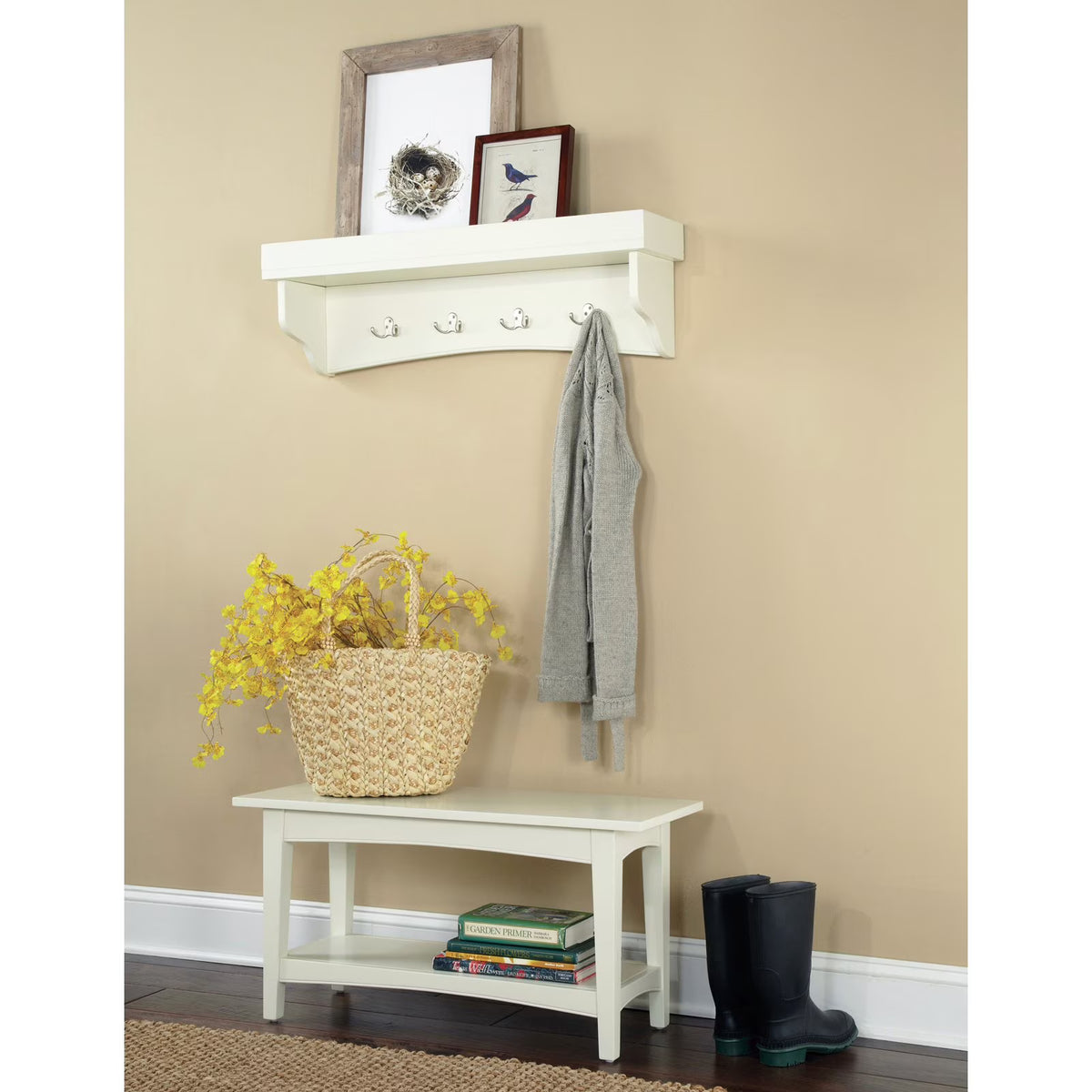 Alaterre Shaker Cottage Bench/Coat Hooks with Tray, Chocolate