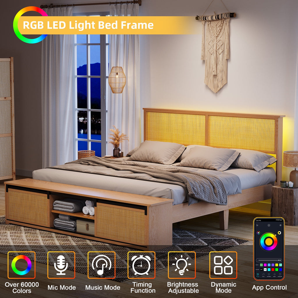 Natural Rattan Bed Frame with Sliding Barn Door Storage Cabinets and LED Light Headboard, Farmhouse Wood Platform Bed with Solid Wood Legs Support