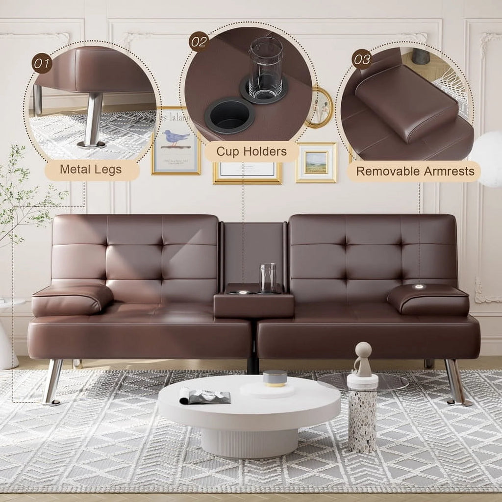 Furmax Futon Sofa Bed Convertible Folding Faux Leather Couch with 2 Cup Holders,Black