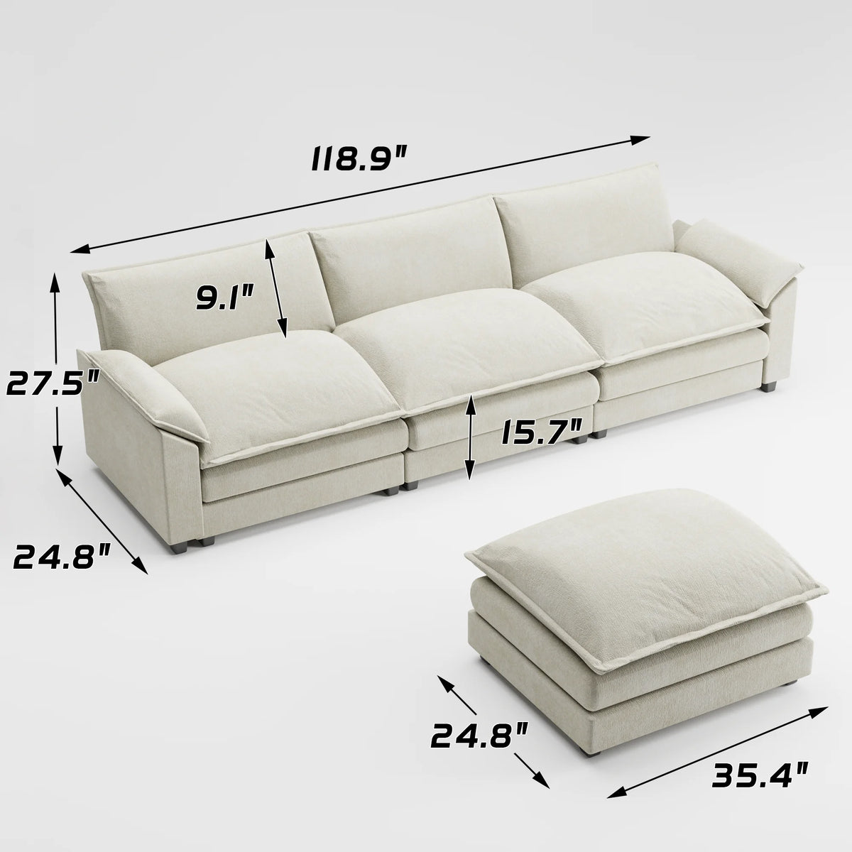Homall Sectional Sofa 3-seat L-shaped Sofa with reversible toffee chair Movable Footrest Sofa,White