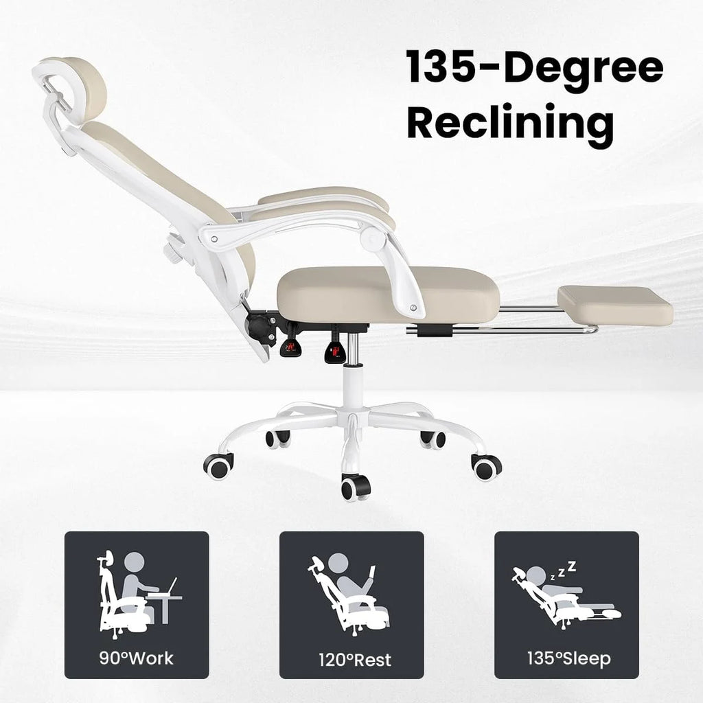STARY Ergonomic Office Chair with Footrest, High Back Mesh Desk Chair with Adjustable Headrest & Lumbar Support, Comfortable Computer Chair for Home Office Study, White & Beige