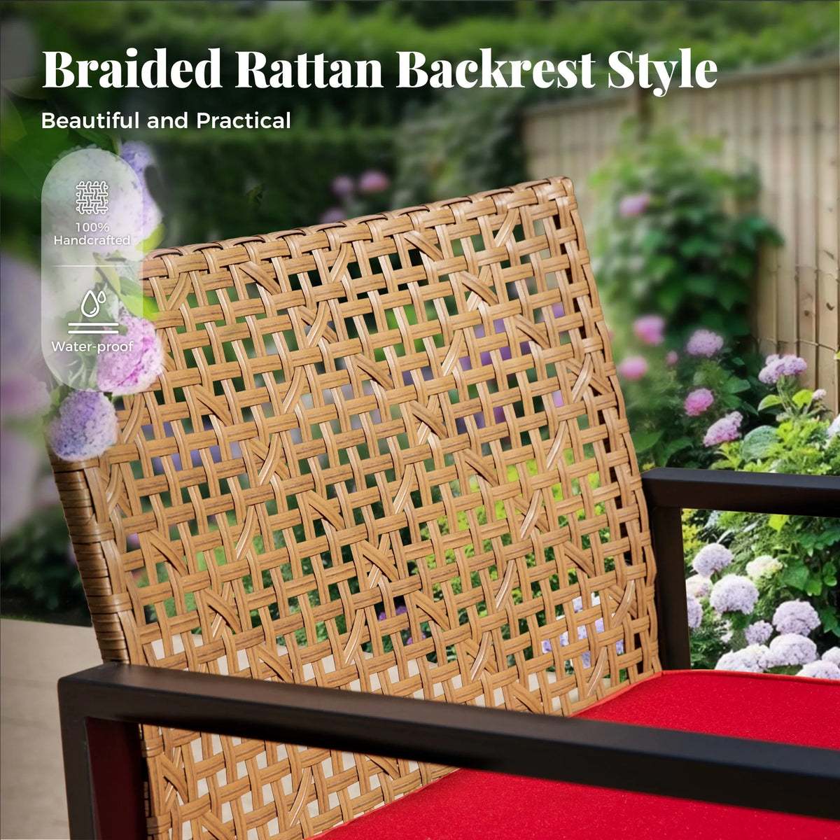 MF Studio 4-Piece All-Weather Rattan Patio Furniture Set, Outdoor Conversation Set with Wood Table, Brown and Beige