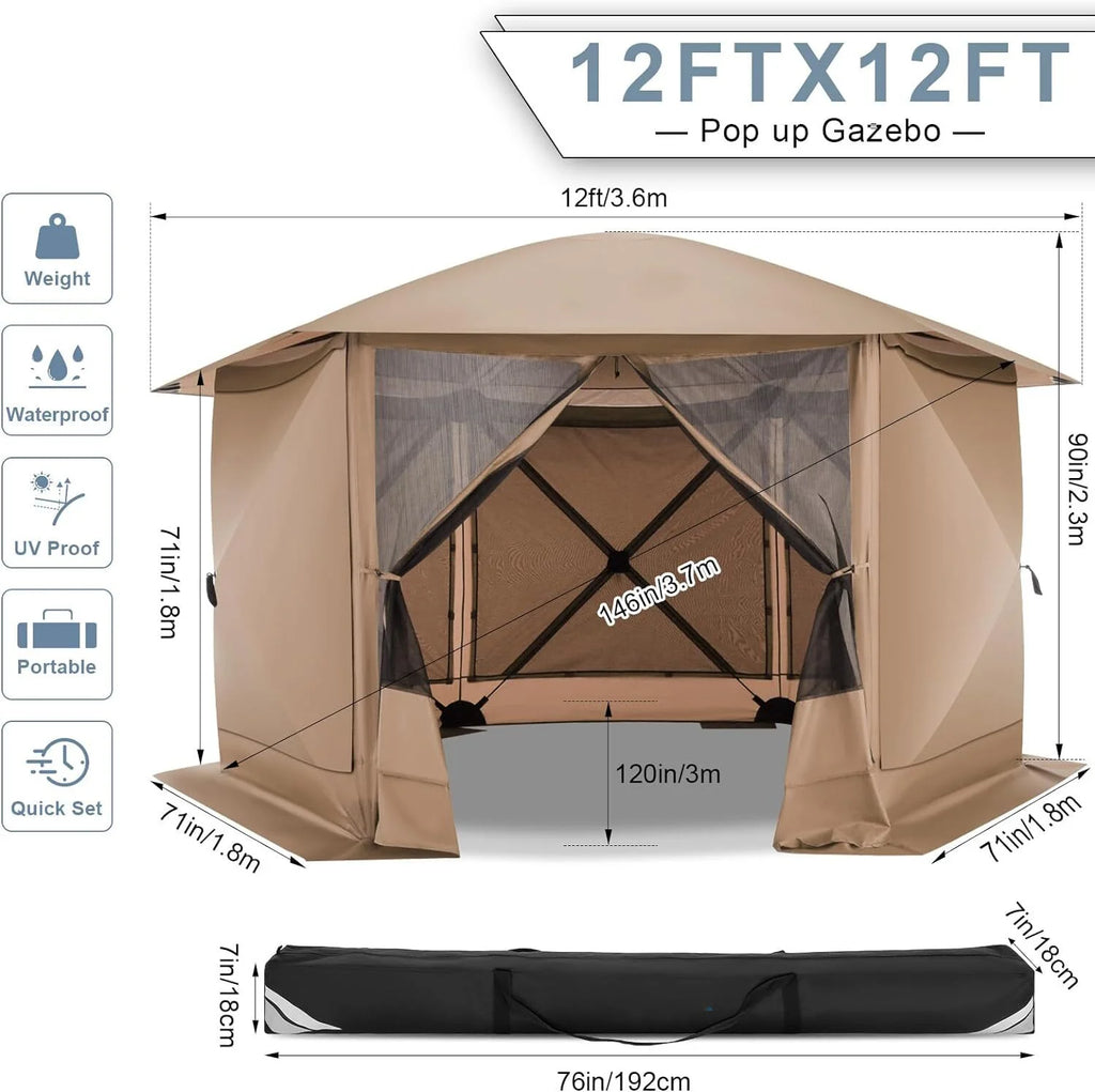 COBIZI 12'x12' Pop-up Gazebo Outdoor Camping Tent with 6 Sides Mosquito Netting, Waterproof, UV Resistant, Portable Screen House Room, Easy Set-up Party Tent with Carry bag, Ground Spike, Brown