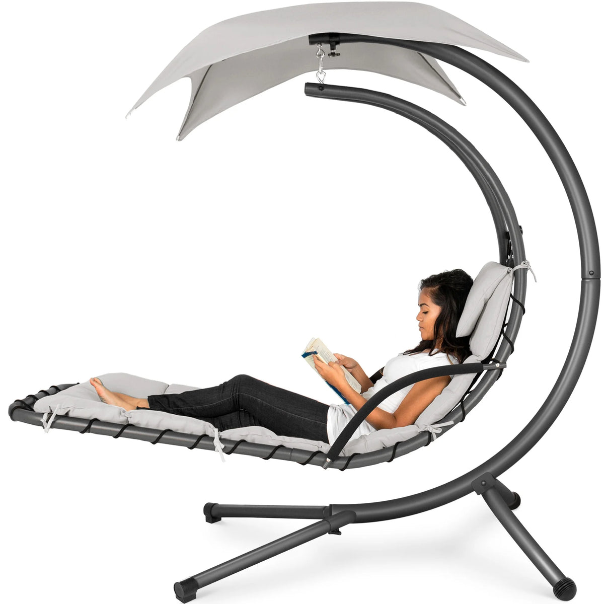 Best Choice Products Hanging Curved Chaise Lounge Chair Swing for Backyard, Patio w/ Pillow, Shade, Stand - Teal