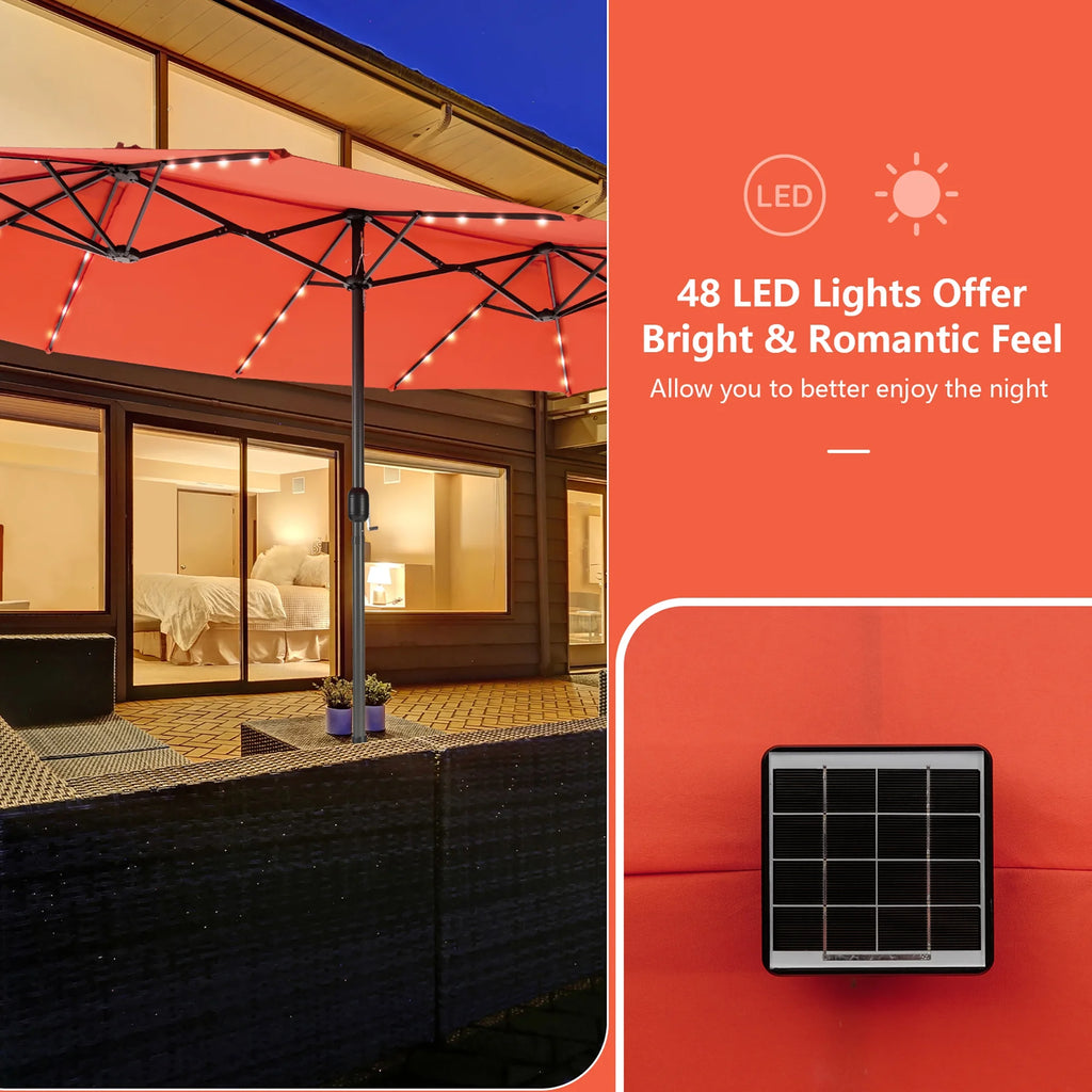 Costway 15FT Twin Patio Double-Sided Umbrella 48 Solar LED Lights Crank Outdoor Beige