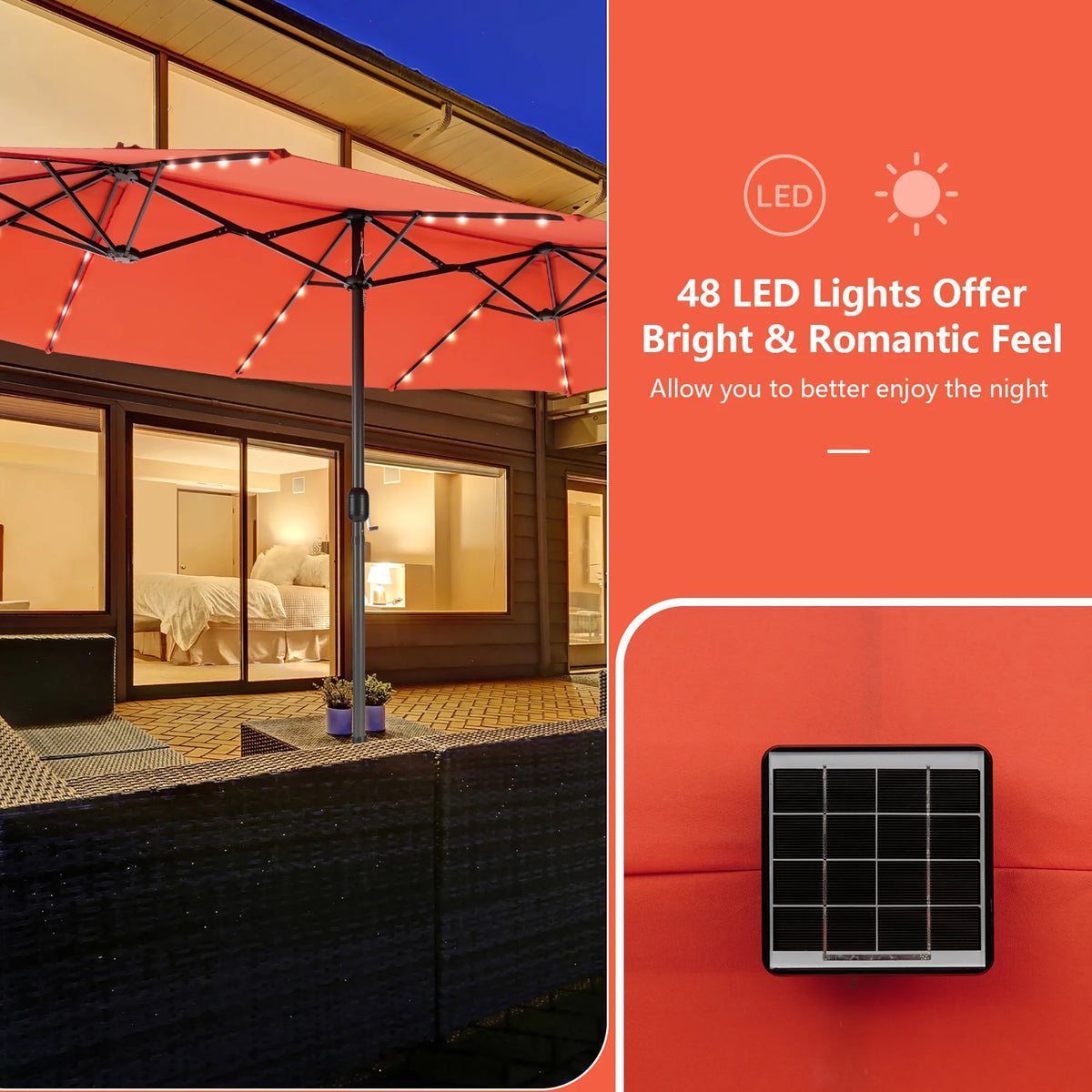 Costway 15FT Twin Patio Double-Sided Umbrella 48 Solar LED Lights Crank Outdoor Beige