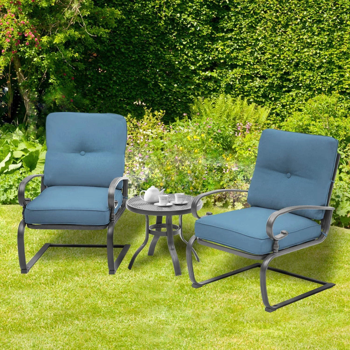 SUNCROWN 3-Piece Patio Furniture Outdoor Bistro Set Spring Metal Chairs and Round Bistro Table, Blue