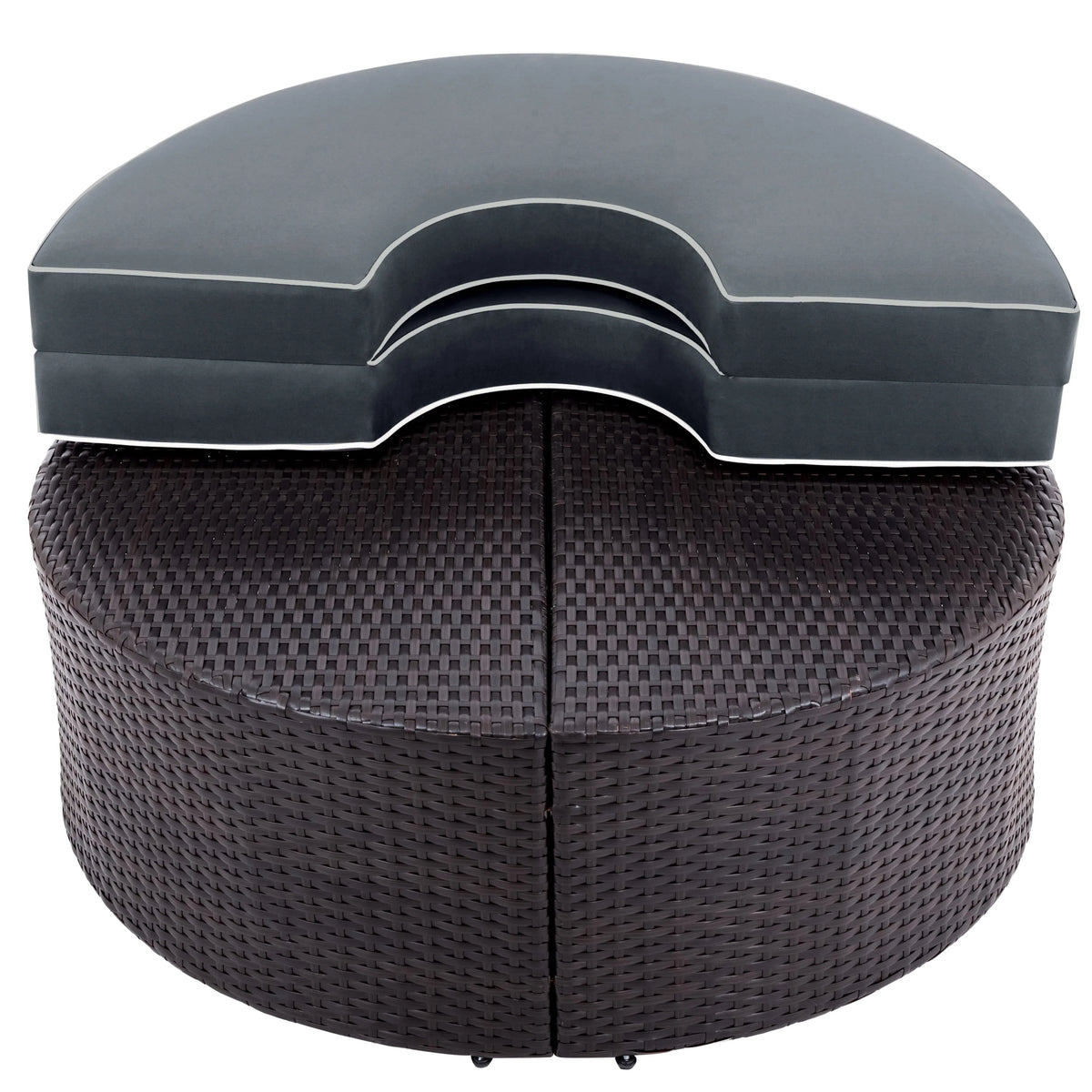 BTMWAY 6 Piece Outdoor Patio Sofa Furniture Set, BTMWAY PE Wicker Half Moon Outdoor Sectional Sofa Set with Side Table for Umbrella, Multifunctional Round Table, Gray Cushions, Pillows, Brown Rattan