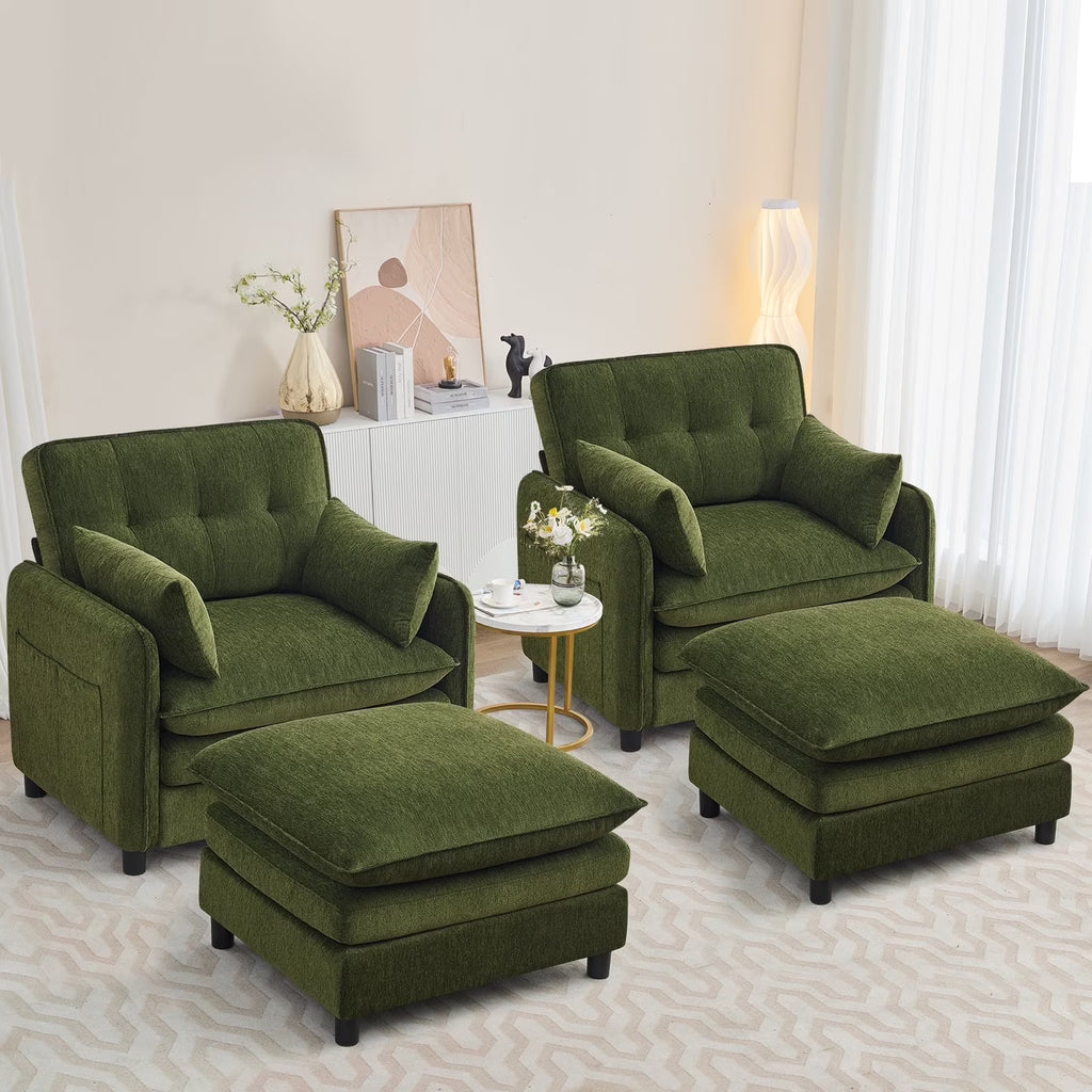 Aemeios Upholstered Chenille OversizedAccent Armchairs with Ottoman and Side Pocket, Cream