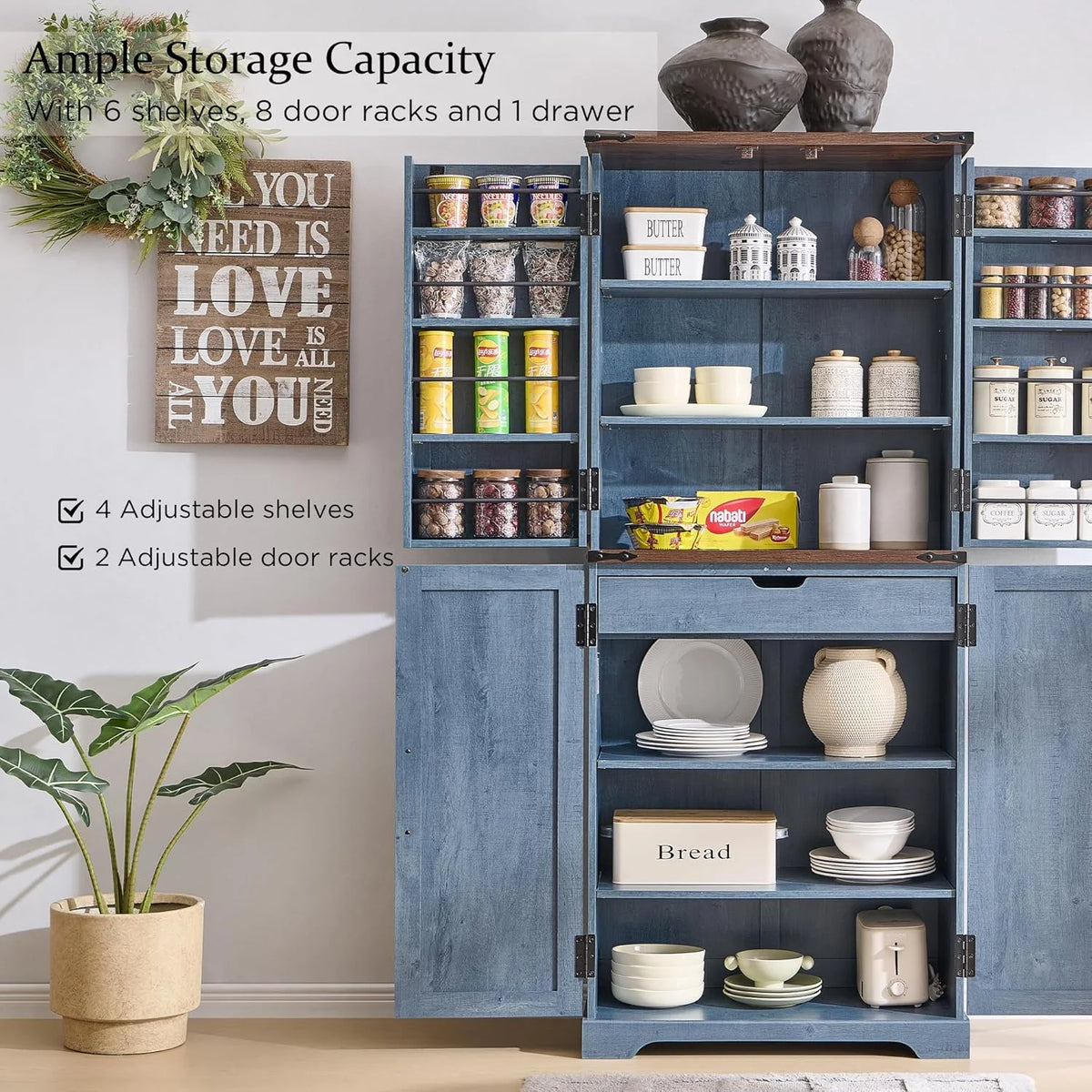 47" Kitchen Pantry, Farmhouse Storage Cabinet with Barn Doors, Organizer and Adjustable Shelves, Rustic Wood Cupboard for Kitchen, Dining Room, Bathroom and Hallway, Black
