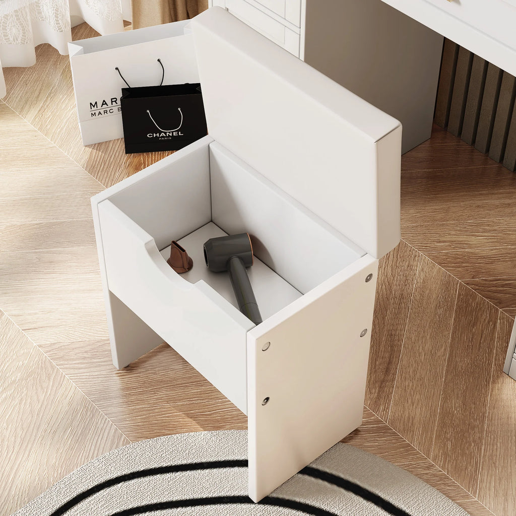 PORKISS Makeup Vanity with Mirror, Vanity Desk Set with 3 Colors Lights, Charging Station and Cushioned Storage Stool, Modern Dressing Table with 5 Drawers and 4 Cabinets for Bedroom, White