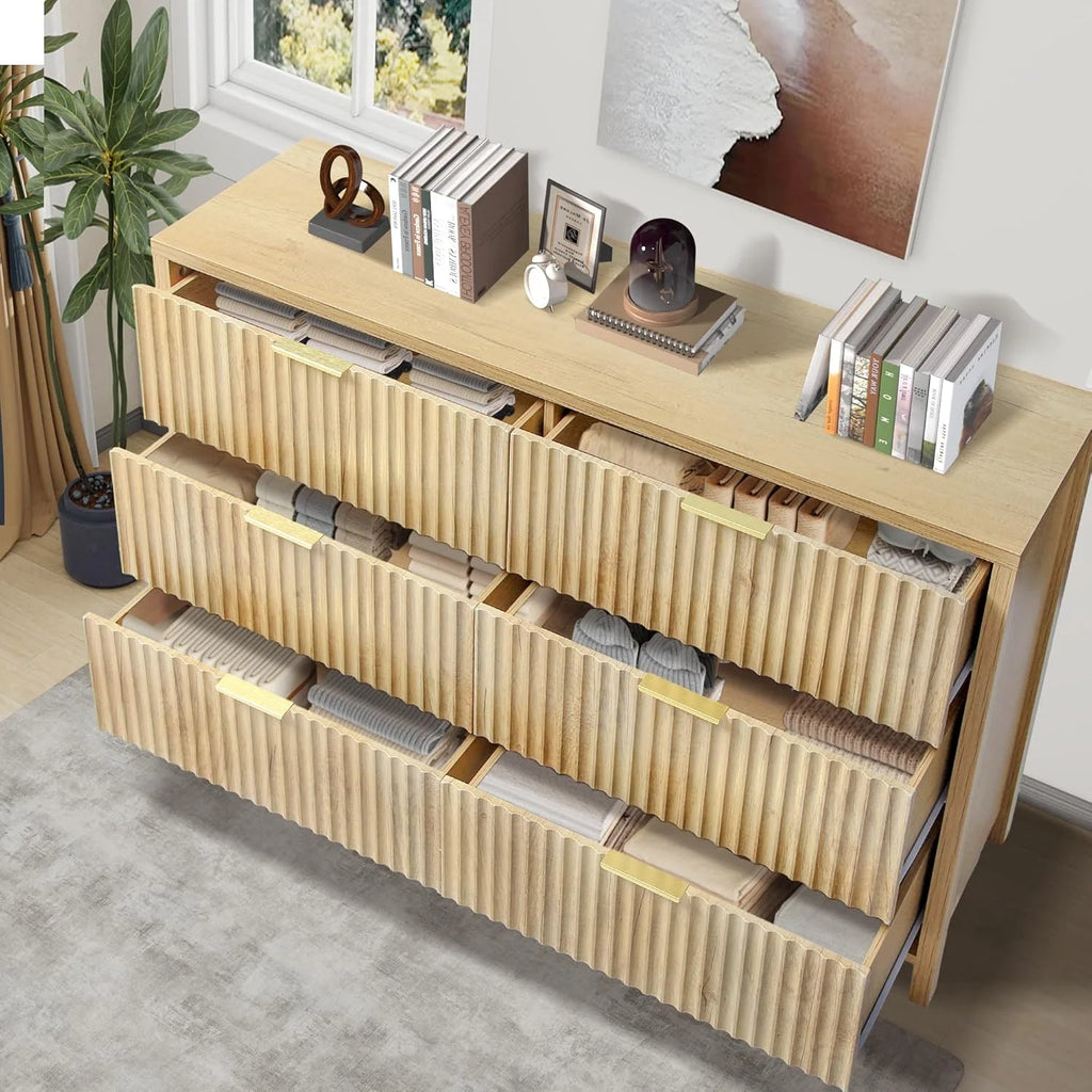 Magic Union Fluted 6 Drawers Dresser for Bedroom, 54" Wide Chest of Drawers with Thick Plank Styling, Wooden Storage Drawer Organizer for Bedroom, Living Room,Hallway, Entryway, Brown