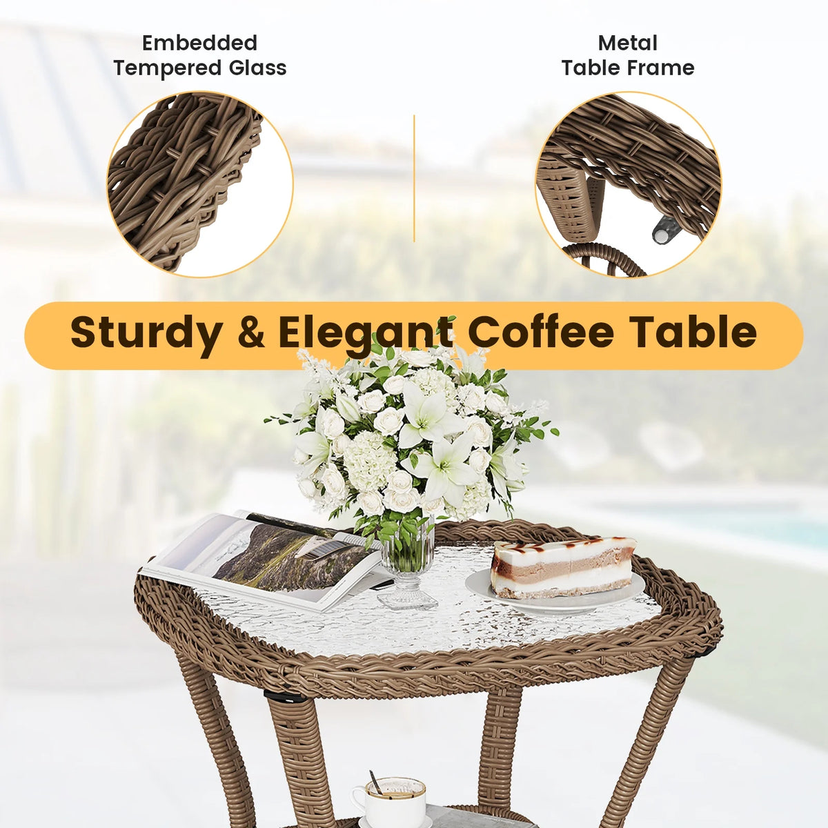 ELPOSUN 3 Pieces Patio Furniture Set, Outdoor Swivel Gliders Rocker, Wicker Patio Bistro Set with Rattan Rocking Chair, Glass Top Side Table and Thickened Cushions for Porch Deck Backyard