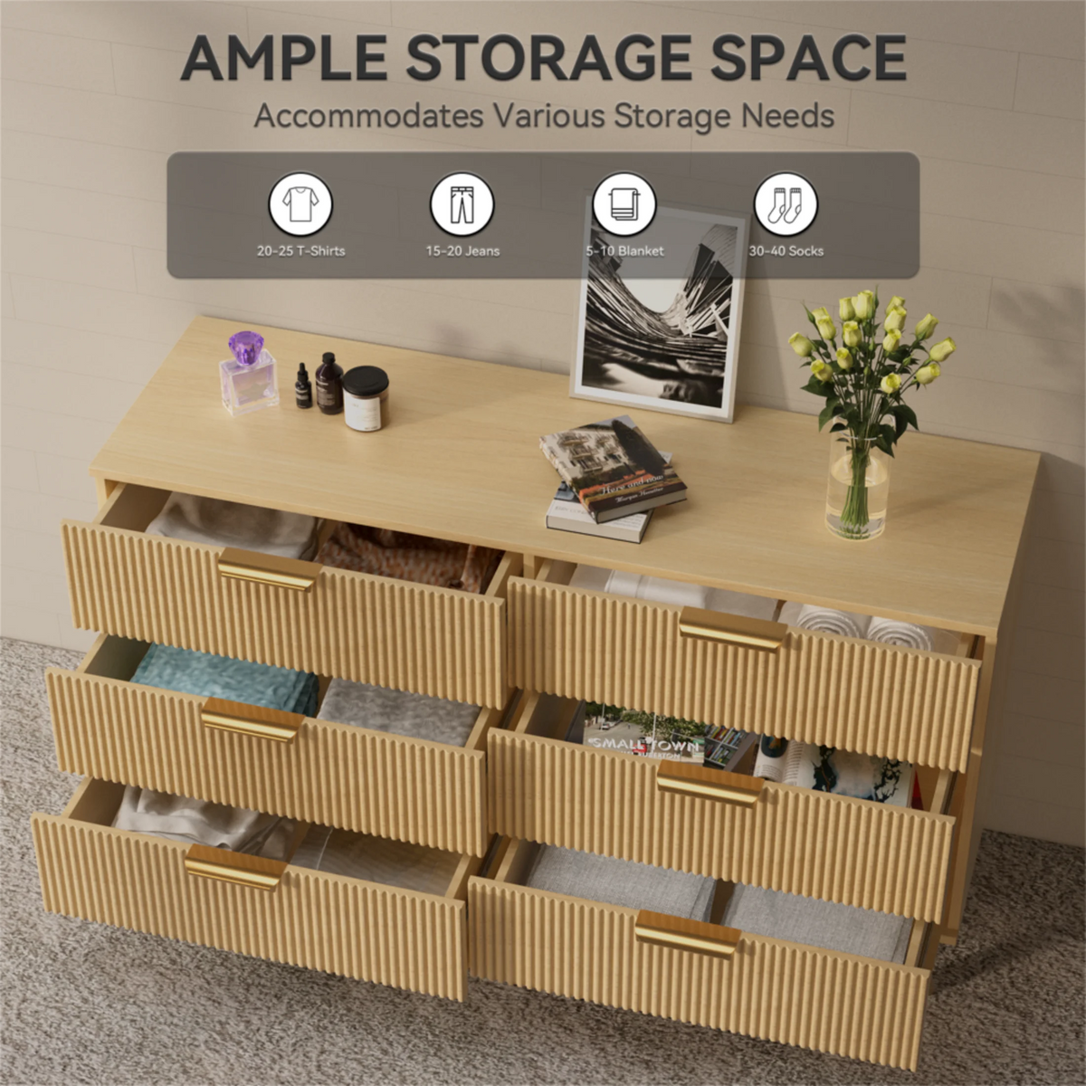 Planntonneo Boho Fluted 6 Drawer Dresser, Wooden Chests for Bedroom