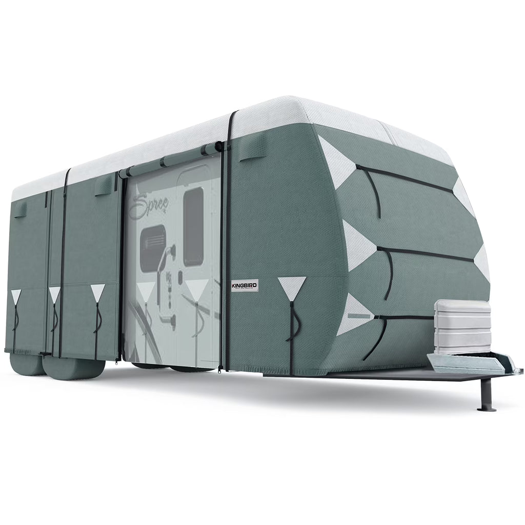 KING BIRD Upgraded Travel Trailer RV Cover, Extra-Thick 5 Layers Anti-UV Top Panel, Deluxe Camper Cover, Fits 27'- 30' RV Cover -Breathable, Water-Repellent, Rip-stop with 2Pcs Straps & 4 Tire Covers