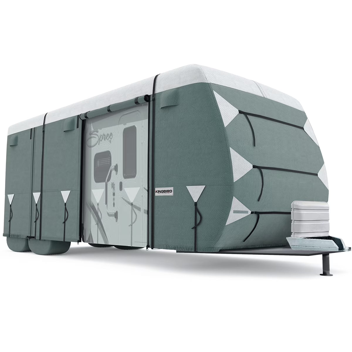 KING BIRD Upgraded Travel Trailer RV Cover, Extra-Thick 5 Layers Anti-UV Top Panel, Deluxe Camper Cover, Fits 27'- 30' RV Cover -Breathable, Water-Repellent, Rip-stop with 2Pcs Straps & 4 Tire Covers