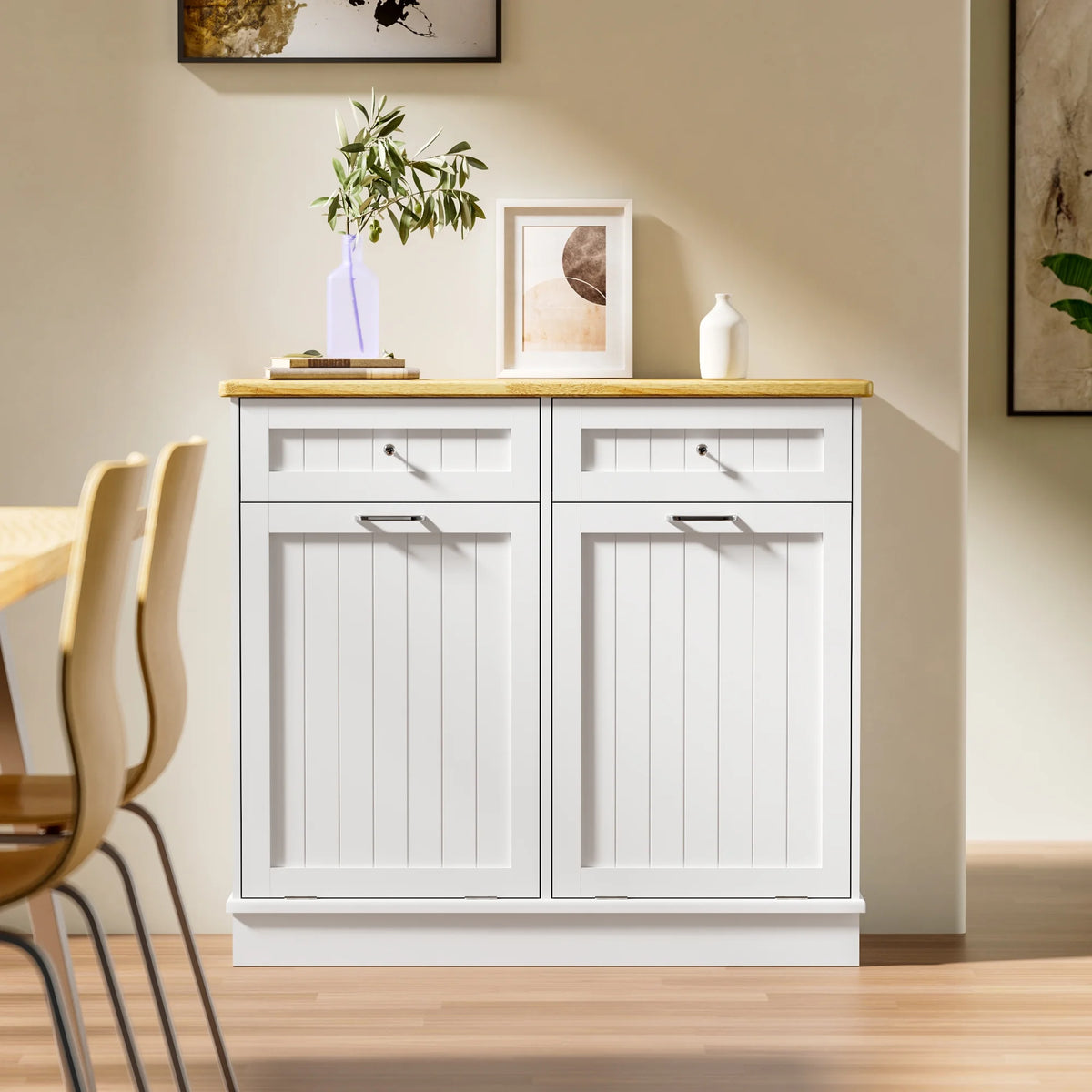 GETYES Double Tilt Out Trash Cabinet, Wooden Recycling Cabinet, 35.83 x 12.99 x 39.37 inches, White