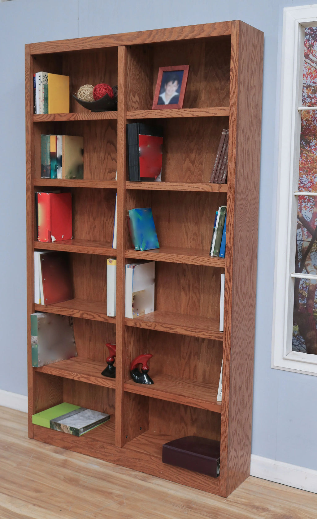 Concepts in Wood 12 Shelf Double Wide Wood Bookcase, 84 inch Tall - Oak Finish