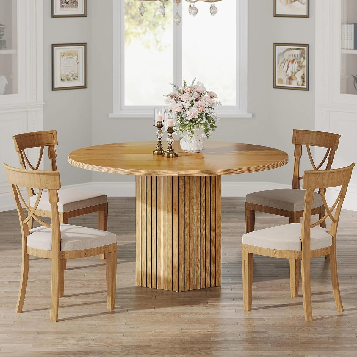 Tribesigns Round Dining Table for 4 People, 47 inch Kitchen Table with Heavy Duty Pedestal Base Circle Oak Tabletop for Kitchen Living Room, Oak