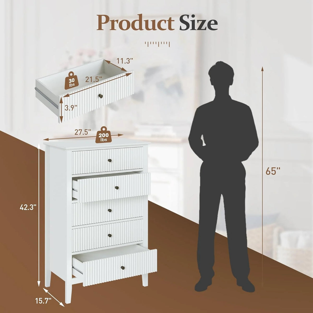 Heynemo Beige 6 Drawer Dresser, Fluted Modern Wood Chest