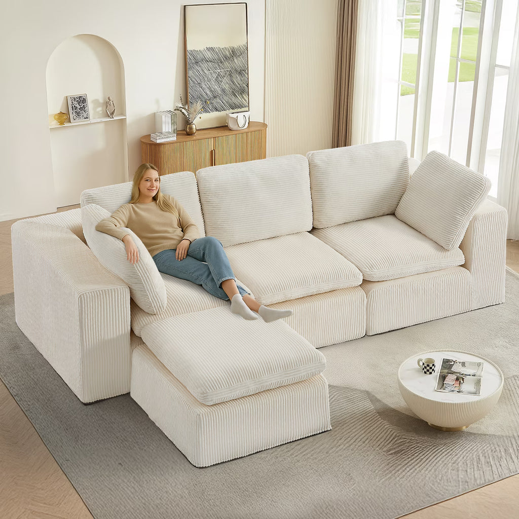 Cloud Sectional Couches for Living Room, Modular L-Shaped Sofa with Ottoman, Corduroy Sleeper Sofa Bed, No Assembly Compression Memory Foam Couch,White