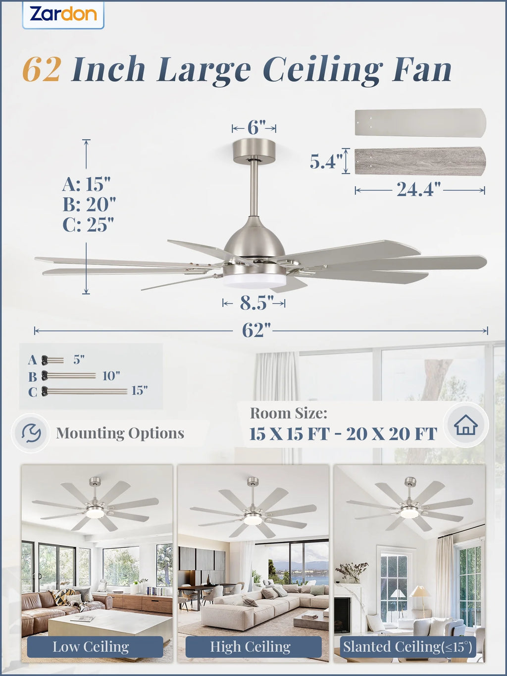 Zardon 62" Black Modern Ceiling Fan with Light and Remote Control, Reversible Quiet DC Motor, Bright LED Light, 6-Speed, Timer for Bedroom, Living Room