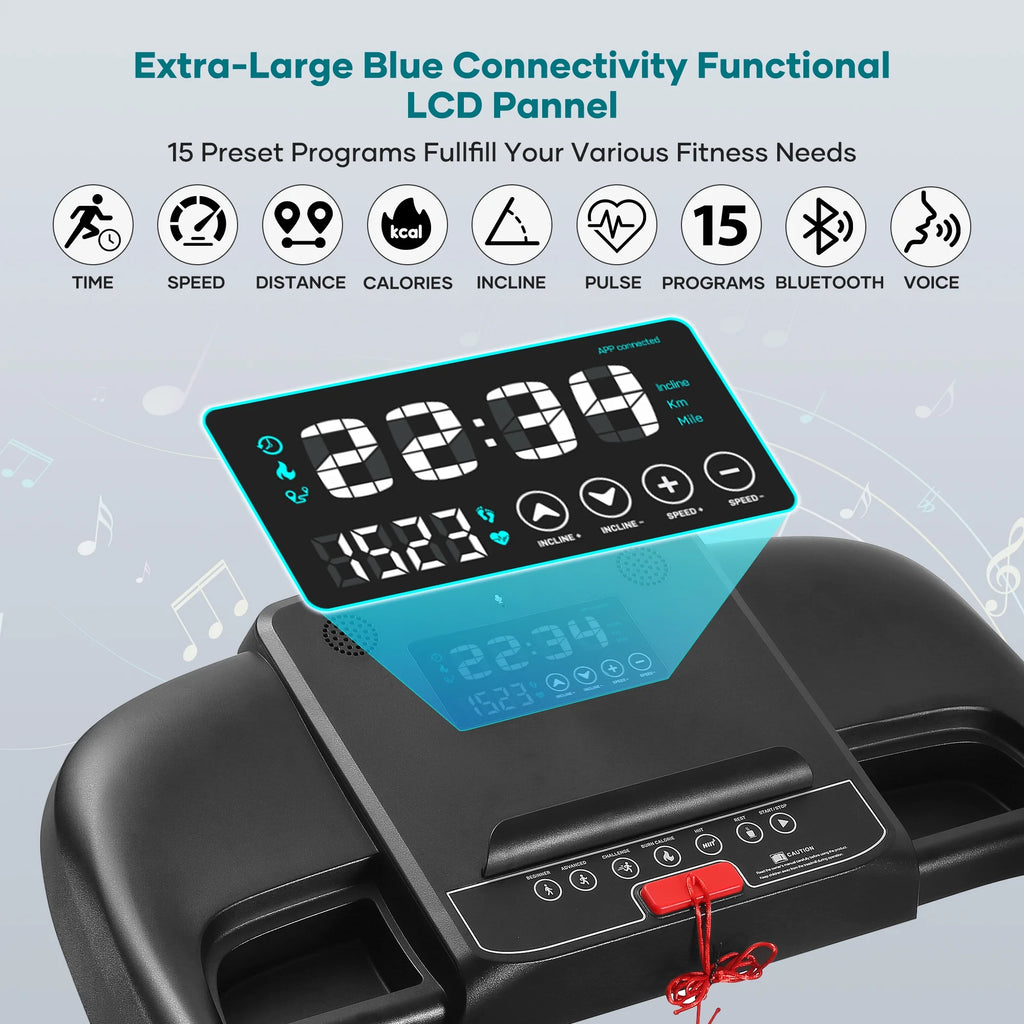 Treadmill with Auto Incline Bluetooth Voice Control  17 in Wide Electric Treadmill Folding Machine 15 Level  Auto 8.8 mhp Speed for Home Use Gifts