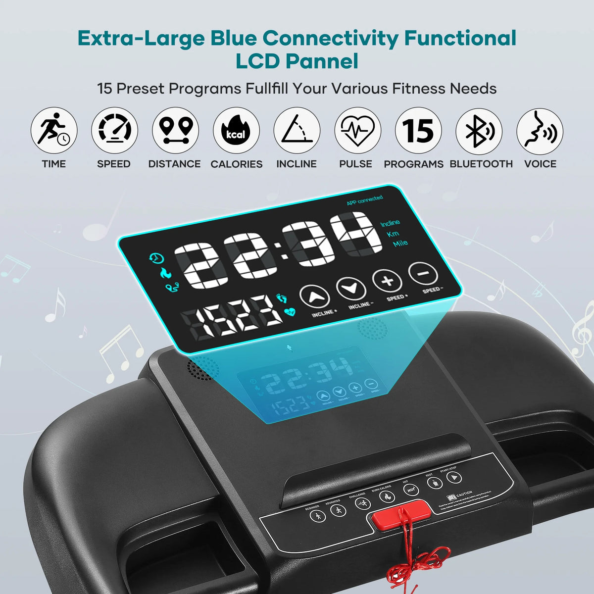 Treadmill with Auto Incline Bluetooth Voice Control  17 in Wide Electric Treadmill Folding Machine 15 Level  Auto 8.8 mhp Speed for Home Use Gifts