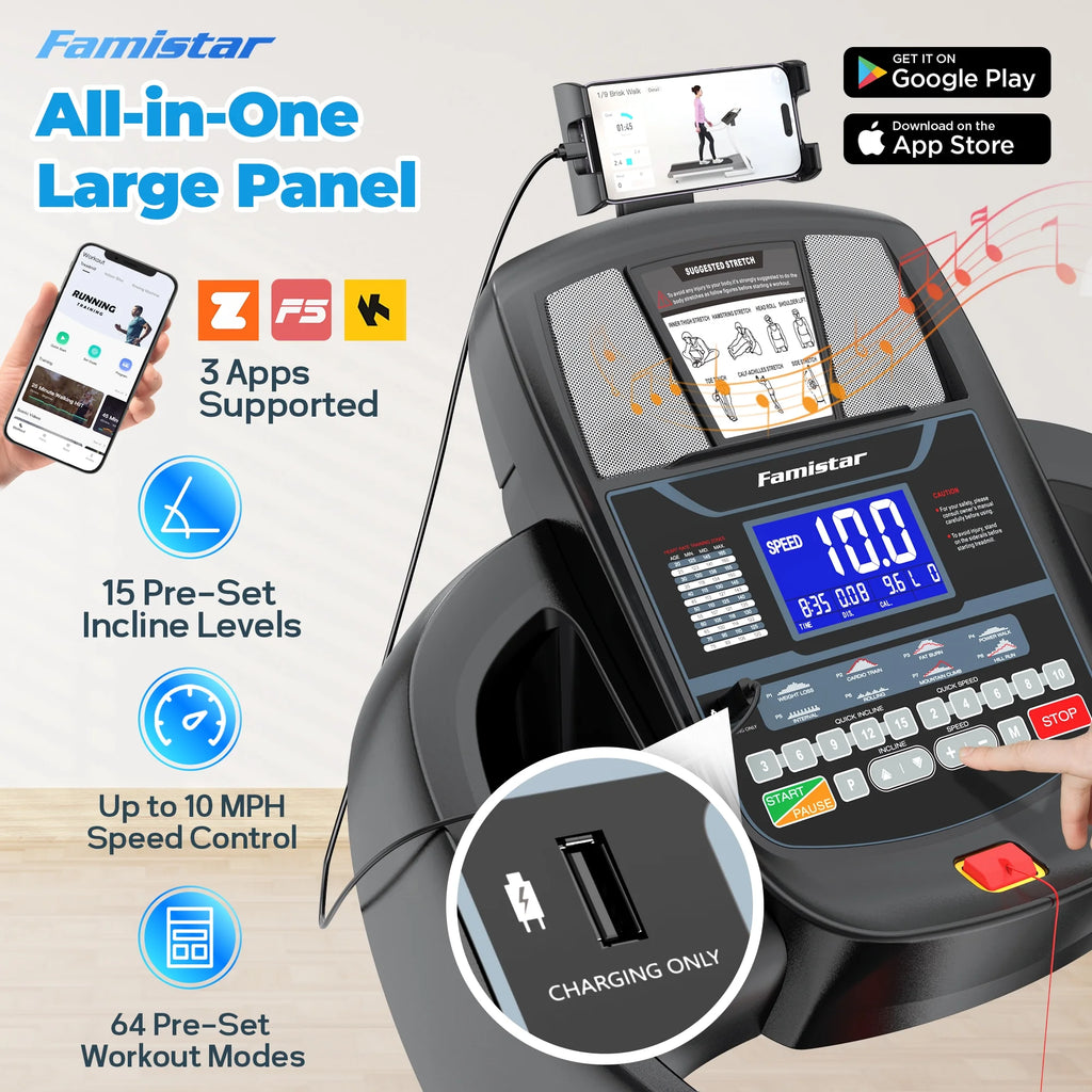 Treadmill 300 LB Capacity for Home with Incline, Folding Electric Running Walking Treadmill, Portable Treadmill for Home Use, 7.5 MPH, Smart Apps, 64+7 Programs, Bluetooth Speakers