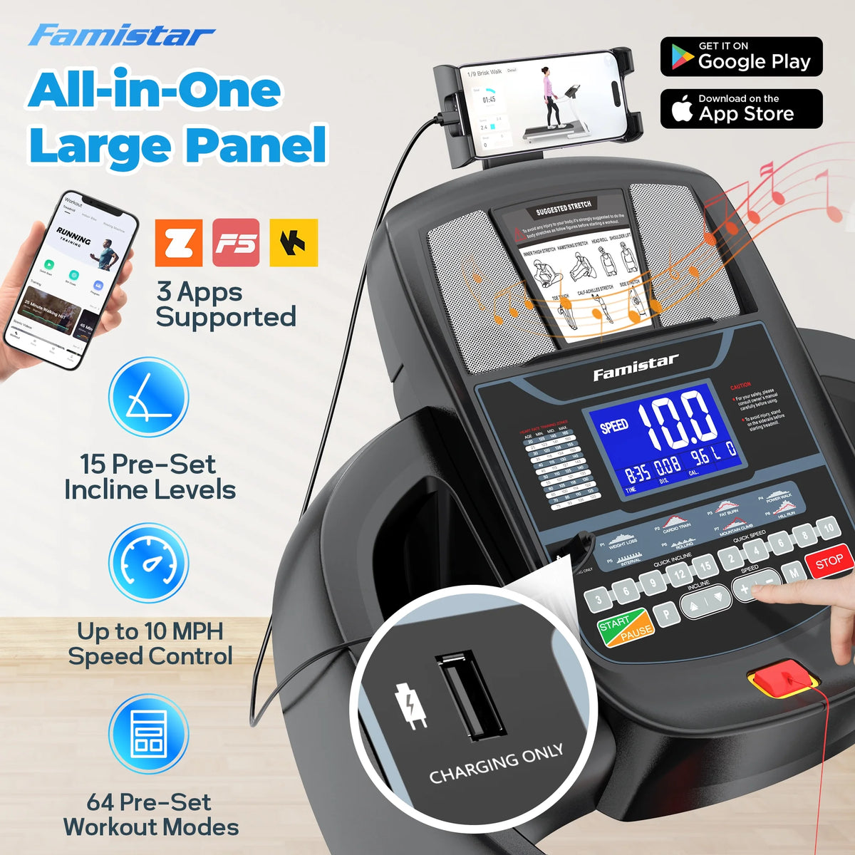 Treadmill 300 LB Capacity for Home with Incline, Folding Electric Running Walking Treadmill, Portable Treadmill for Home Use, 7.5 MPH, Smart Apps, 64+7 Programs, Bluetooth Speakers