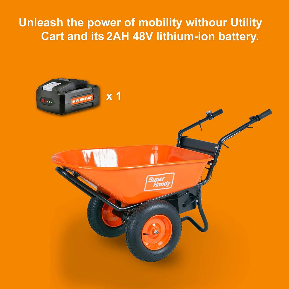 SuperHandy Motorized Wheel Barrow - Electric Self-Propulsion, 48V 2Ah Battery, 330lb Capacity, 4 Cu. Ft Tub, DUMP