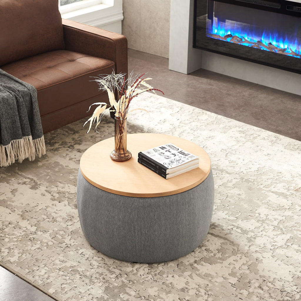 BTMWAYRound Coffee Table, 2 in 1 Round Storage Ottoman with Reversible Lid Tray, Upholstered Round Storage Ottoman Coffee Table with Storage, Footstool End Table for Living Room, Bedroom, Light Gray