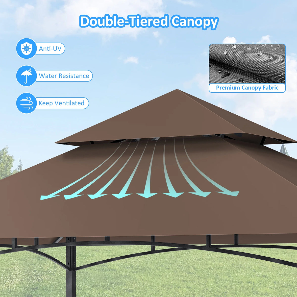 GVDV 8'x 5' Grill Gazebo Canopy, Outdoor BBQ Gazebo Shelter with 2 Side Shelves & Double-Tiered Top