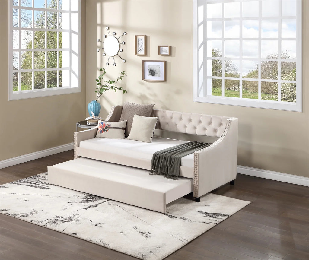 Daybed with Trundle, Twin Size Velvet Upholstered Daybed Frame with Tufted Button Back & Copper Nail on Arms, Wood Sofa Bed Frame for Living Room Bedroom, No Box Spring Needed, Grey