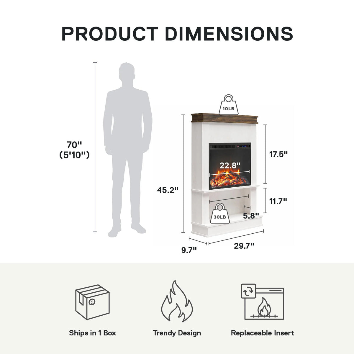 Mateo Electric Fireplace with Mantel and Open Shelf, Black with Natural