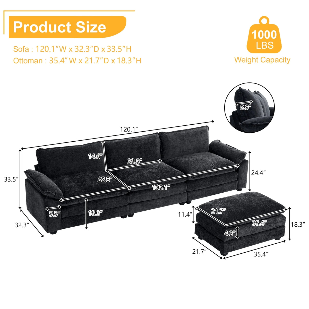 Zimtown Sectional Sofa with Ottoman, L Shaped Convertible Couch with Removable Chaise Chenille Fabric Sofa Set for 4-6 Persons Living Room Furniture Dark Grey