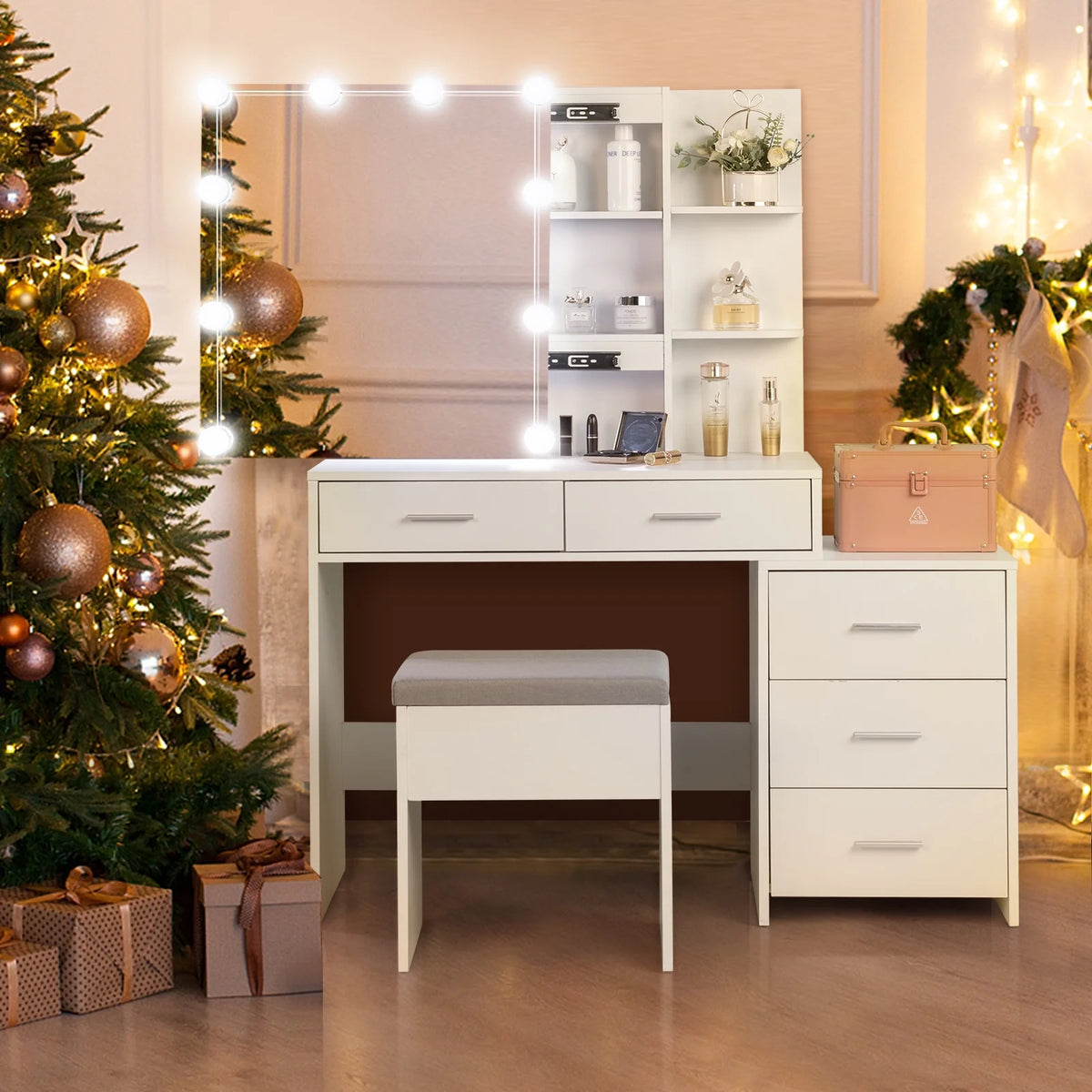 Ktaxon Flutted Makeup Vanity Table Set with 5 Drawer, Dressing Table w/Charging Station, Vanity Desk for Femal Gift, White