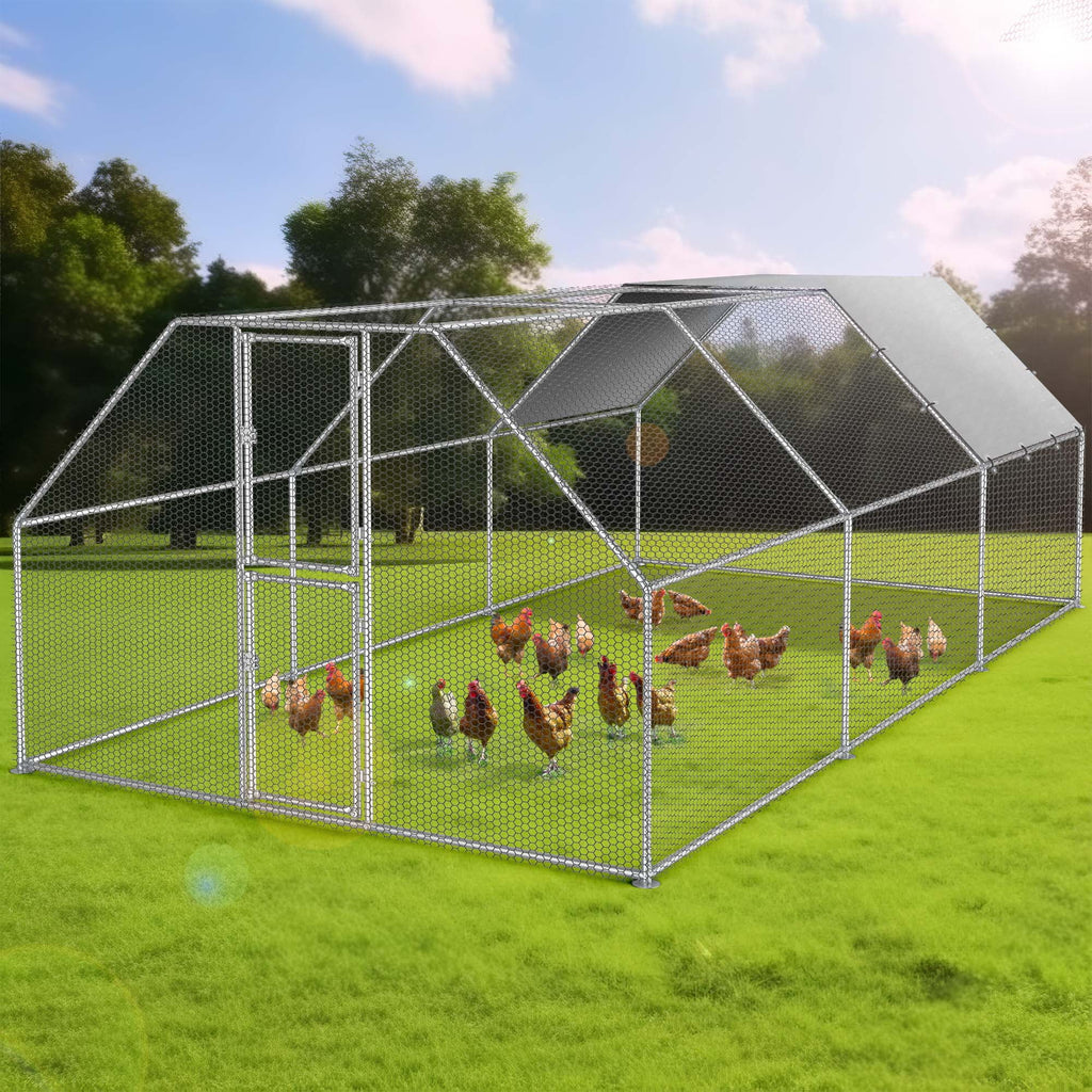 Uforic Chicken Run Coop 19.1 x 9.8 x 6.4 ft  Large Metal Chicken Coop, Walk-in Hen Cage, Outdoor Poultry Cage with Waterproof Cover and Wire Mesh for Backyard,Yard Outdoor