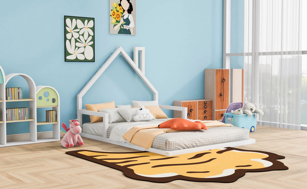 Euroco Twin Size Wood Floor Bed for Kids Room, Toddler House Bed, Natural