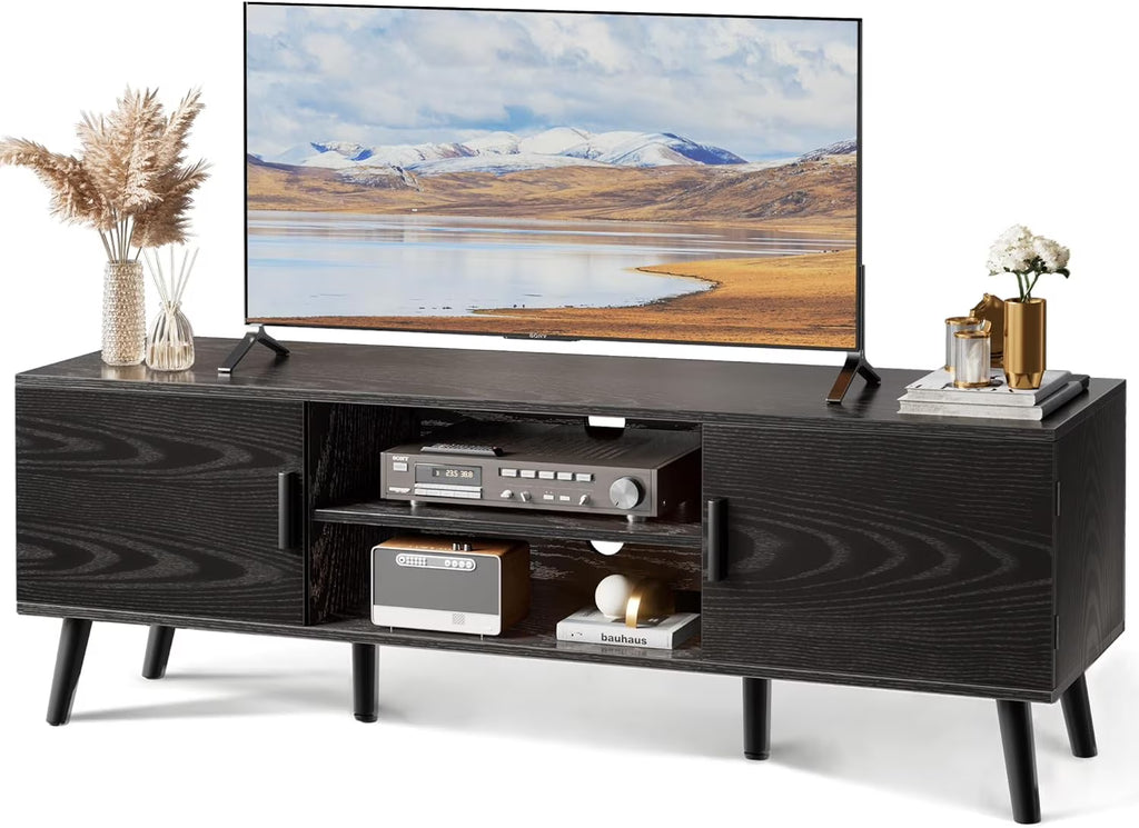 LL TV Stand for 55 Inch TV, Entertainment Center with Adjustable Shelf, 2 Cabinets, TV Console Table, Media Console, Solid Wood Feet, Cord Holes, for Living Room, Bedroom, White