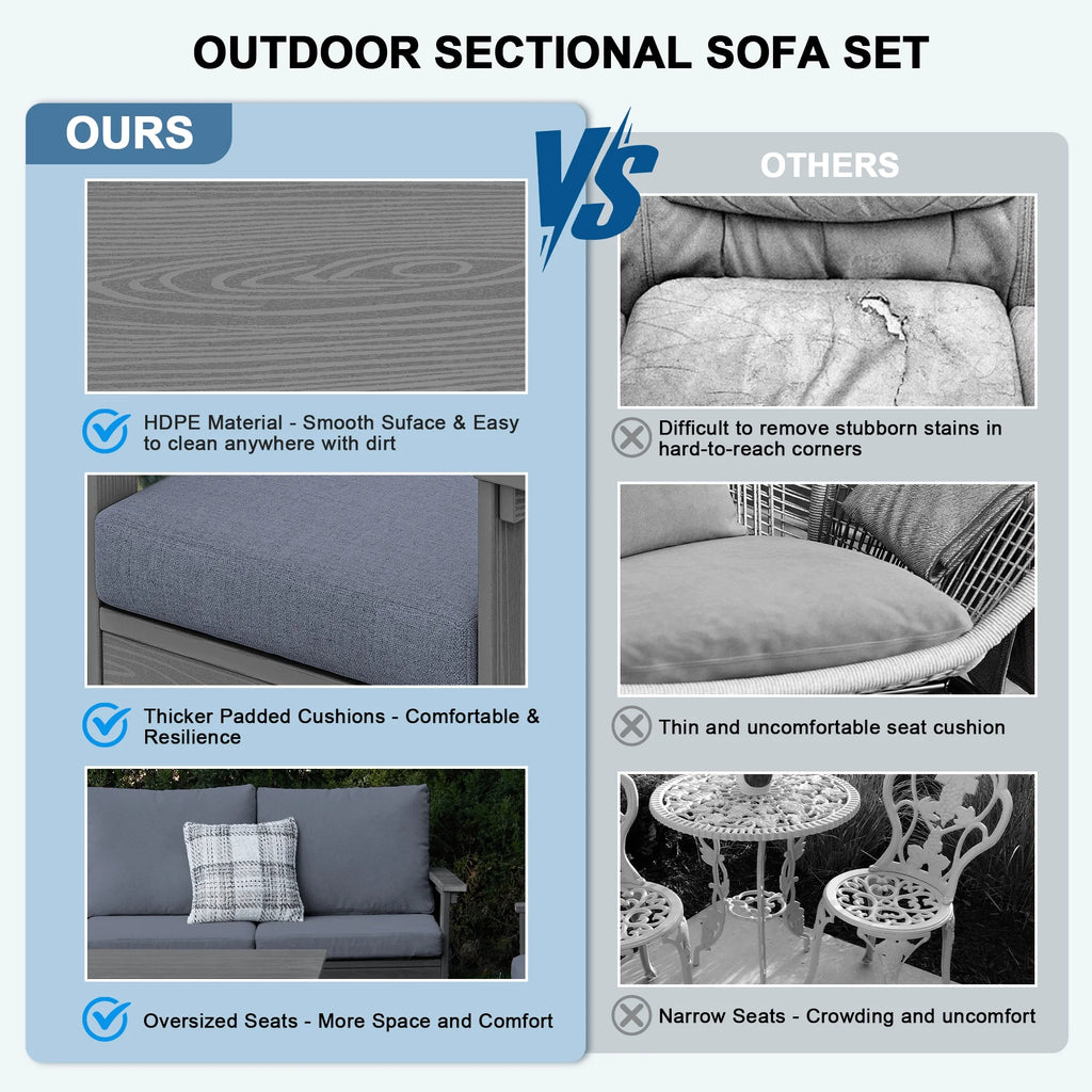 SERWALL Outdoor Patio Furniture Set, 7-Piece HDPE Outdoor Sofa Set Patio Conversation Set, Black Frame with Beige Cushions