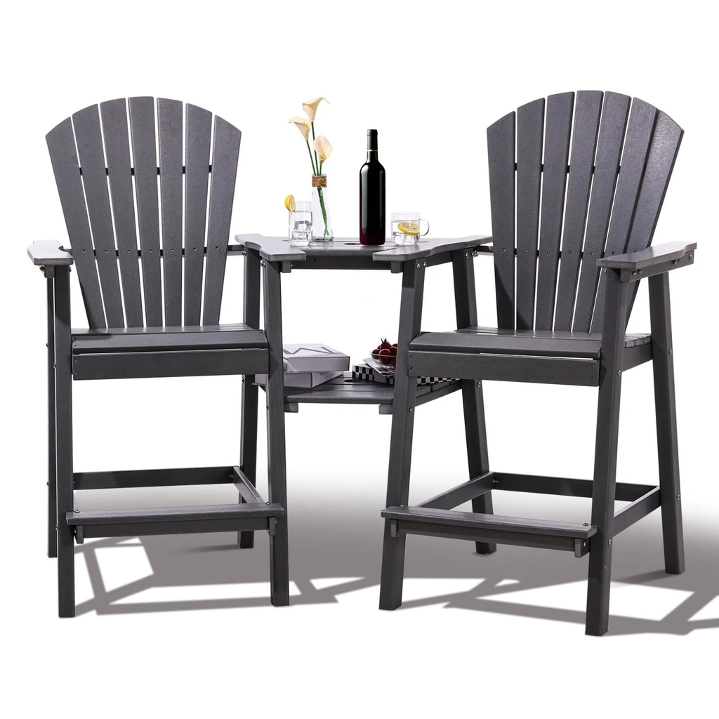 Tall Adirondack Chairs Set of 2，Outdoor Adirondack Barstools with Double Connecting Tray Patio Stools Weather Resistant for Outdoor Deck Lawn Pool Backyard,Grey