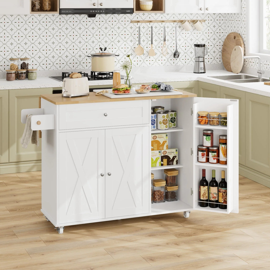 Homfa Kitchen Island with Storage, 27.6" W Wood Kitchen Island Cart with Drop Leaf, White Rolling Cart with Lockable Wheels