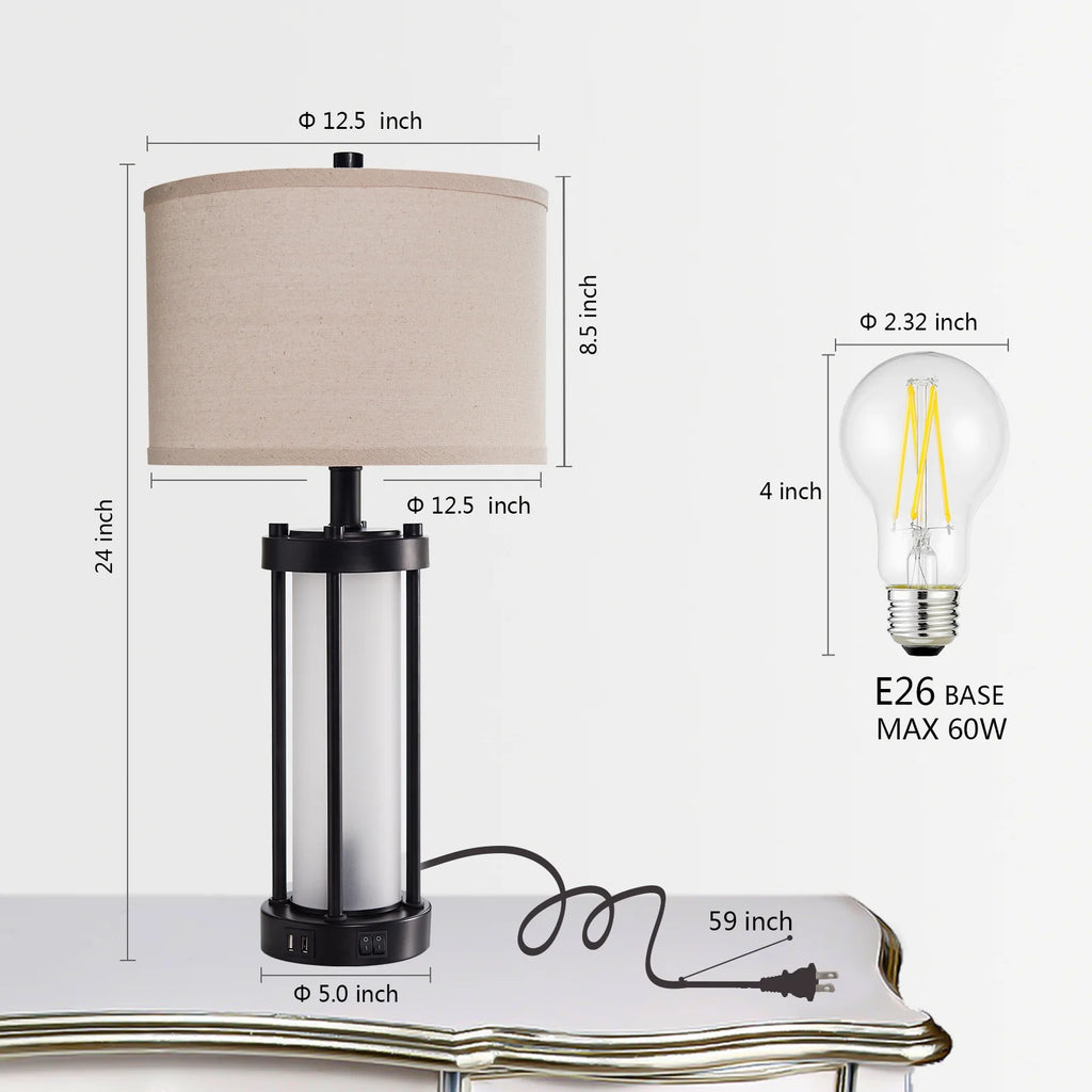 RORIA 24a?? Modern Living Room Table Lamp 2-Piece Set with 2 USB Charging Ports, Built-in White Frosted Glass with Night Light, Black Vintage Rustic Farmhouse Lamp for Bedroom Nightstand Lamps