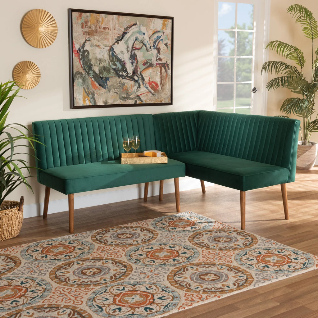 Baxton Studio Alvis Mid-Century Velvet Dining Nook Banquette Set(2PC) Emerald Green, Walnut Brown