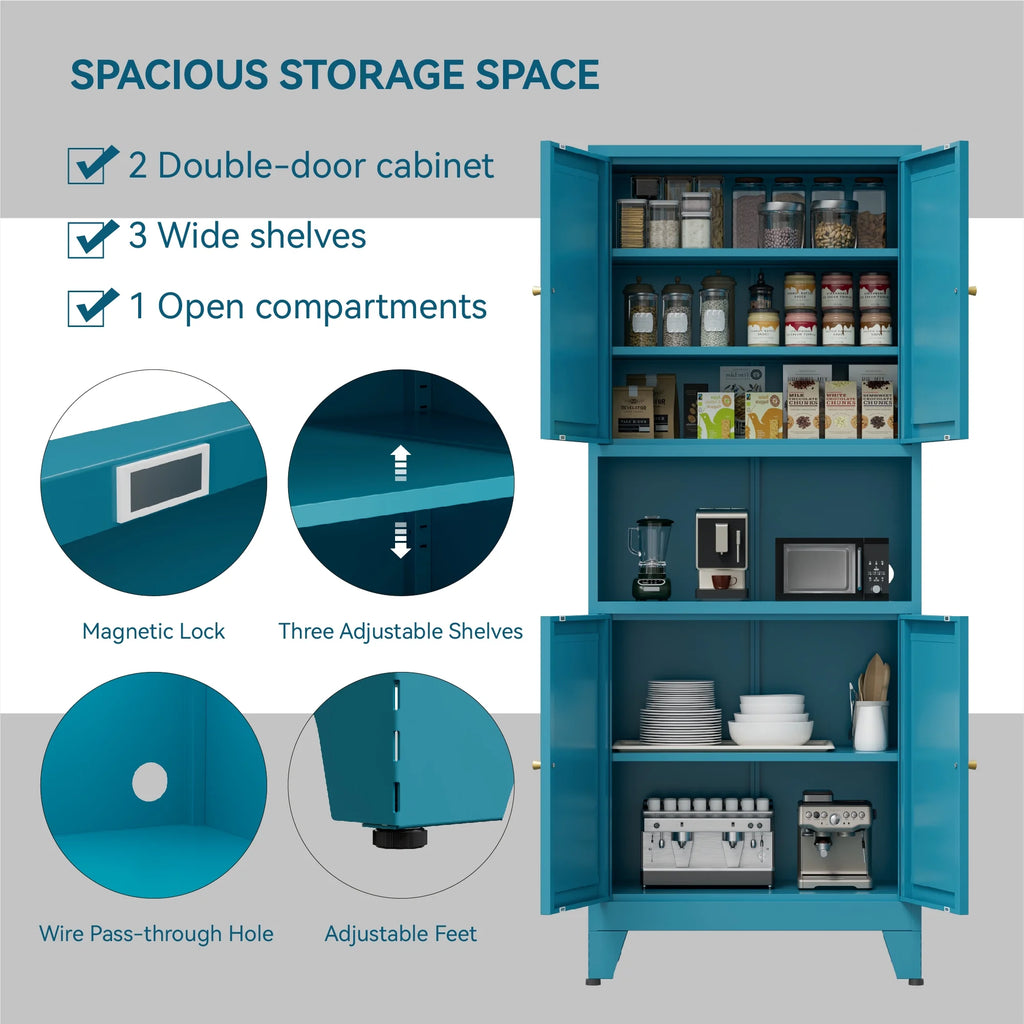 Elegant 69" Tall Modern Kitchen Pantry,Metal Storage Cabinet with Adjustable Shelves,Pantry Storage Cabinet for Kitchen,Dining Room,Living Room,Blue