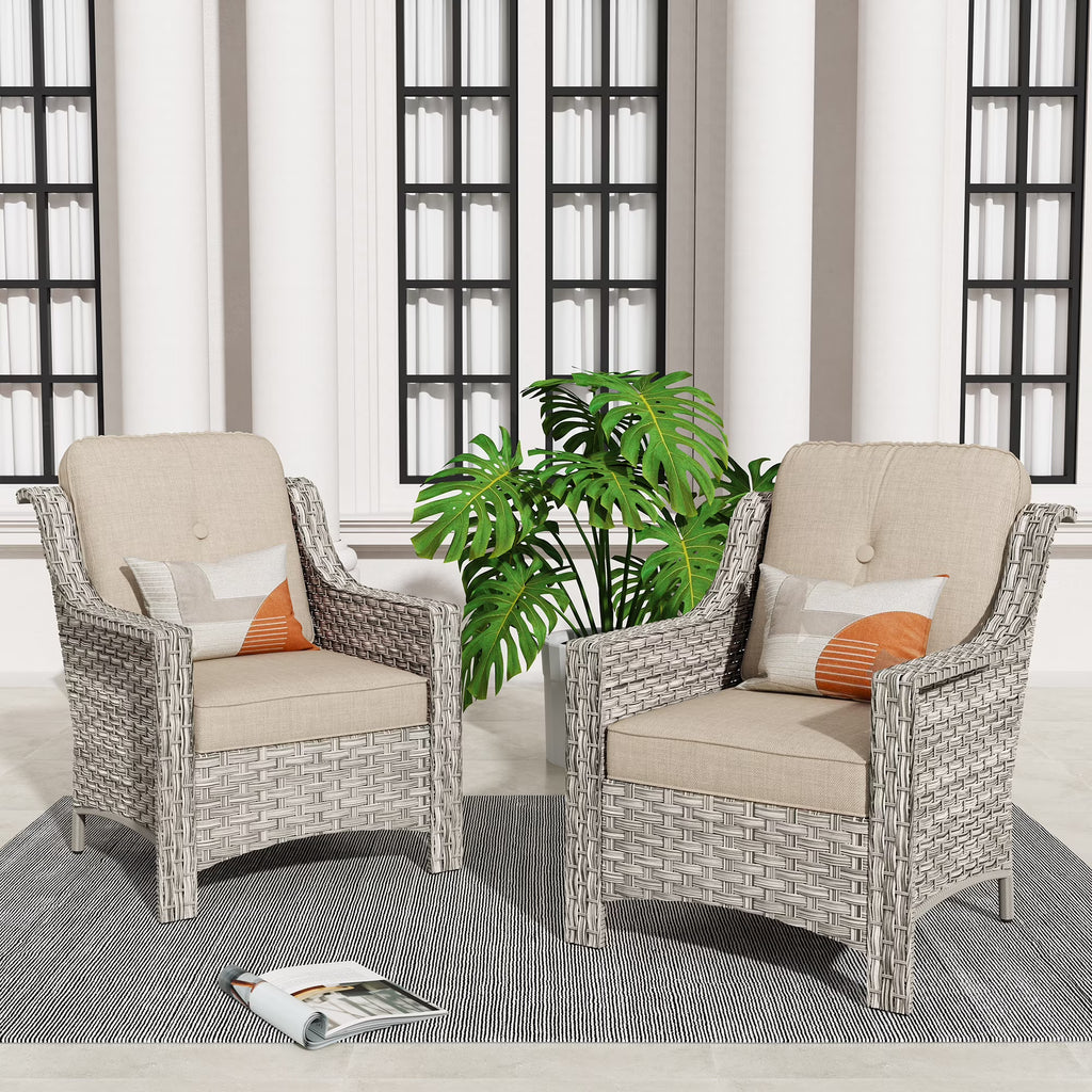 Ovios Backyard Single Chairs Set 2 Metal Wicker Rattan with Cushion, Beige Grey / Beige