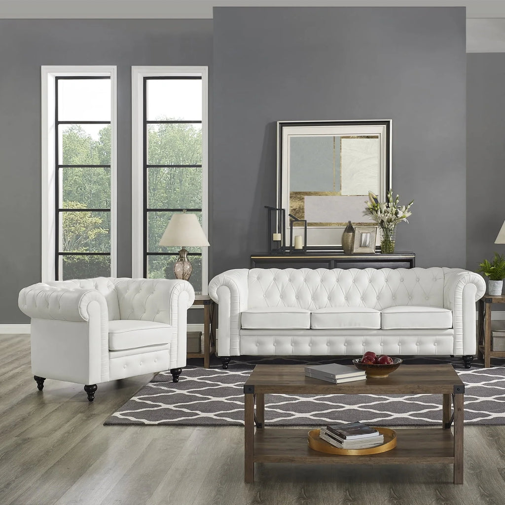 Naomi Home Emery Chesterfield Sofa & Accent Chair with Rolled Arms, Tufted Cushions, White