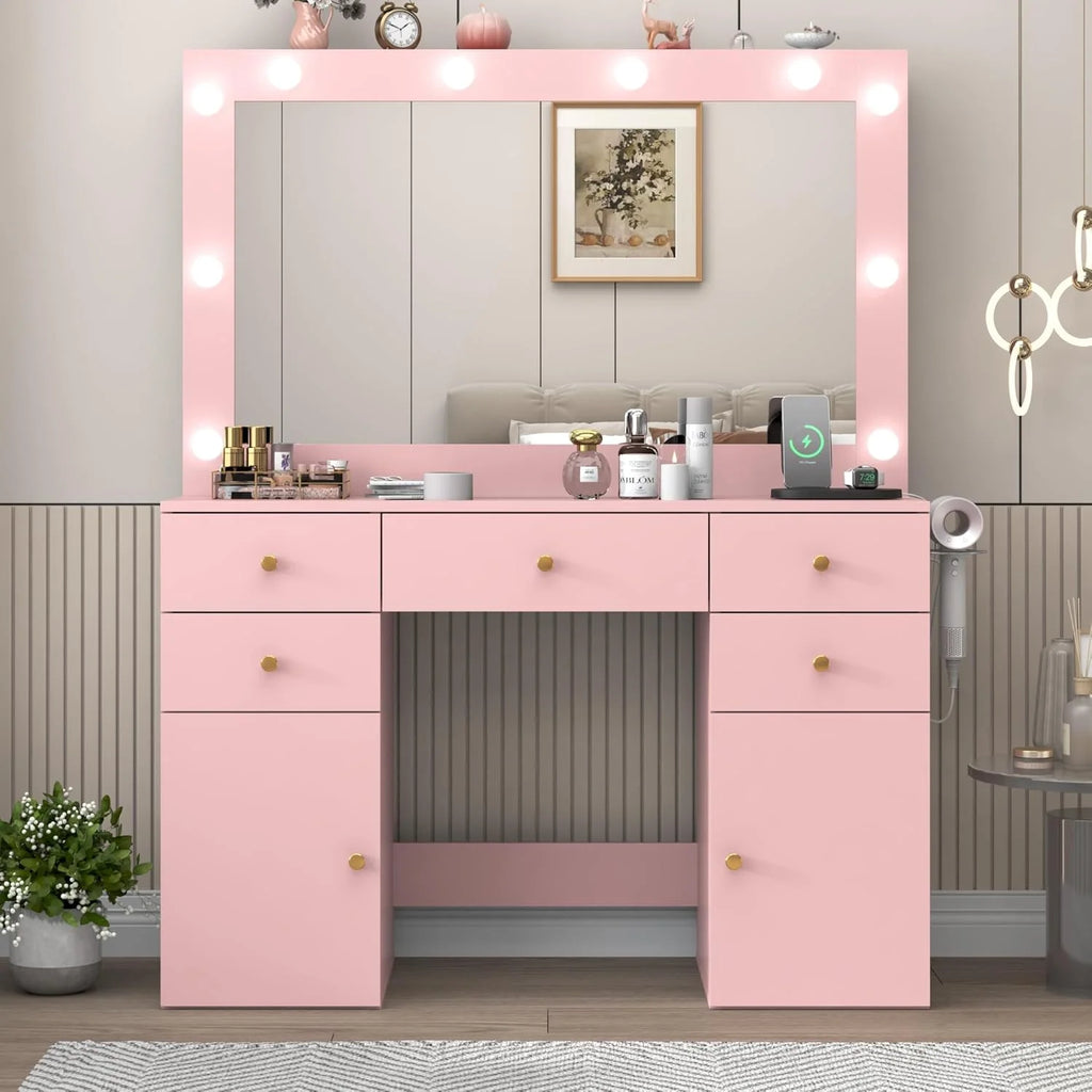 White Vanity Desk with Large Lighted Mirror & Power Outlet, Makeup Vanity Table with Glass Top & Drawers, Sliding Storage, 44.1" Large Makeup Vanity Table for Women Girls, White