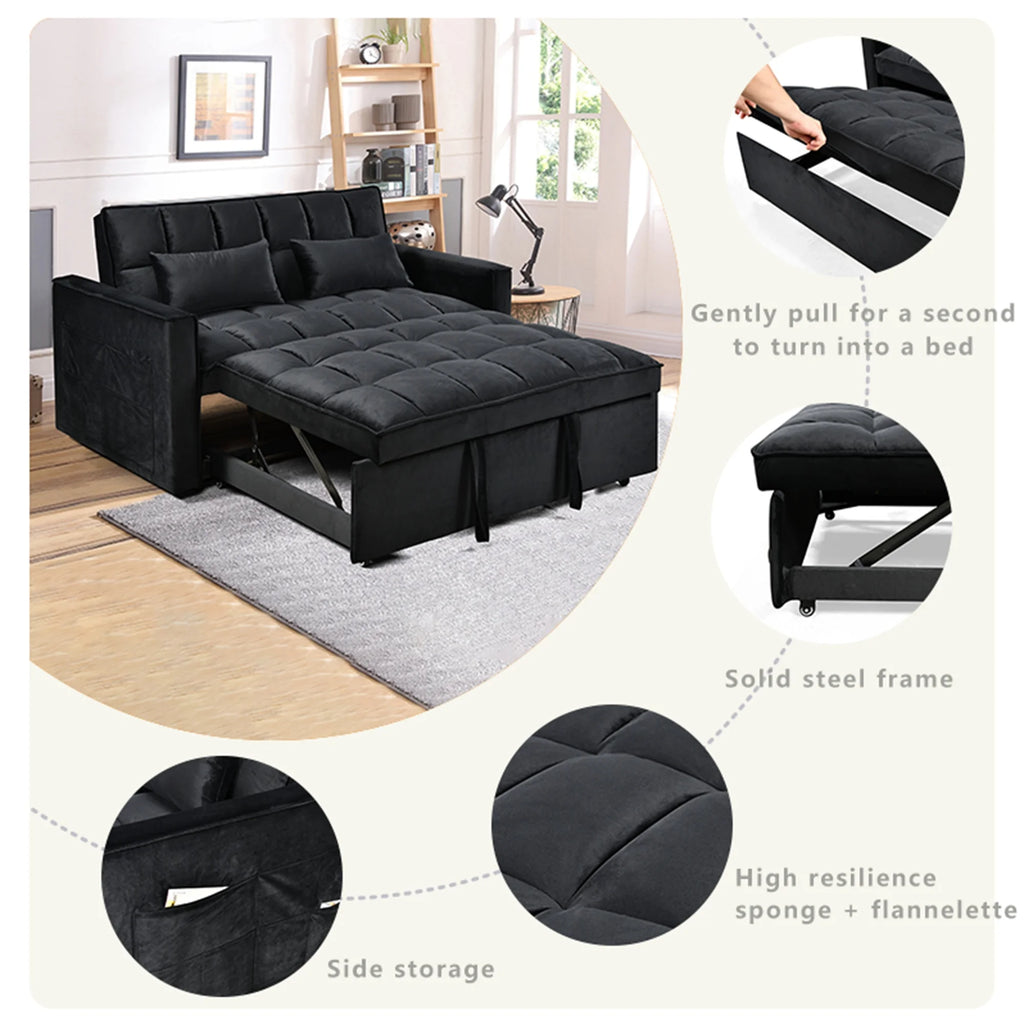 BINBANK Black Velvet 3-in-1 Convertible Sleeper Sofa Bed a?? USB Charging, Adjustable Backrest Pull-Out Futon Loveseat Couch for Living Room, Apartment & Small Space